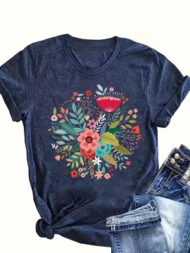 Floral Print T-shirt, Casual Short Sleeve Crew Neck Top For Spring & Summer, Women's Clothing