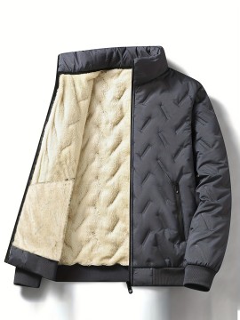 Men's Fleece Lined Padded Jacket, Men Casual Padded Coat Windbreaker Zipper Pocket Stand Collar For Men Winter
